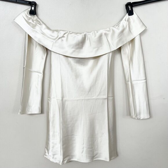 New FOREVER 21 Satin Off-The-Shoulder Mini Dress Cream Flounce Detail SIZE M - Picture 1 of 12